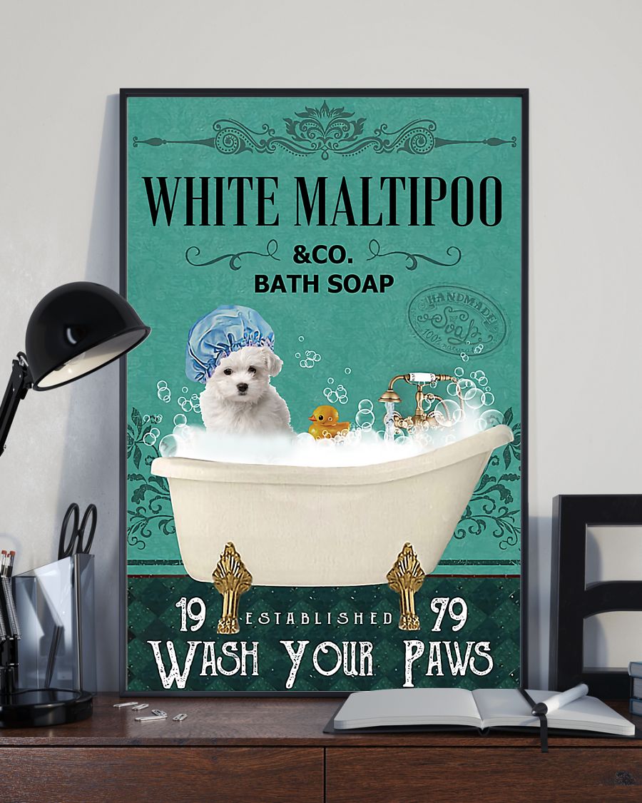 vintage white maltipoo bath soap wash your paws poster 4