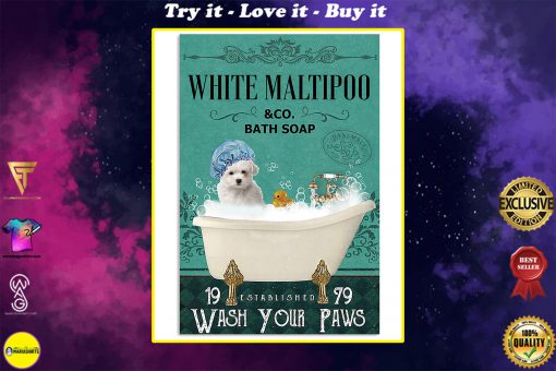 vintage white maltipoo bath soap wash your paws poster