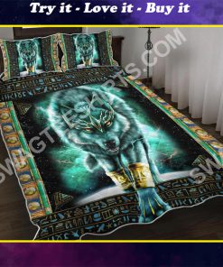 blue wolf viking all over printed bedding set