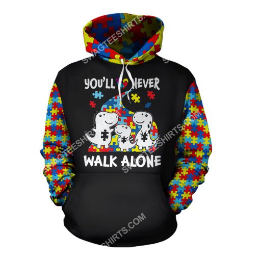 autism awareness dinosaur you'll never walk alone all over printed hoodie 1