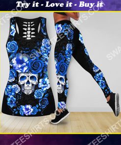 blue roses with skull all over printed tank top and legging