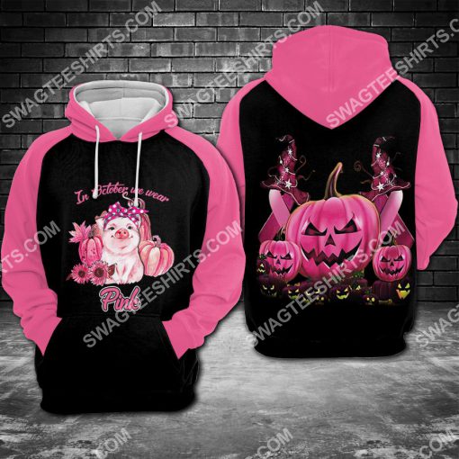 breast cancer awareness pig and pumpkin in october we wear pink all over printed hoodie 1 - Copy
