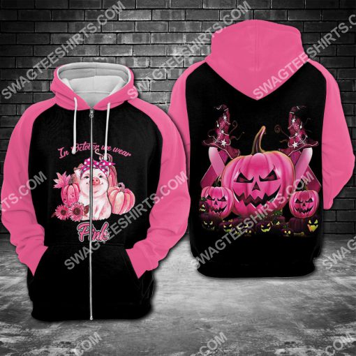 breast cancer awareness pig and pumpkin in october we wear pink all over printed zip hoodie 1