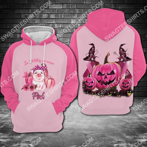breast cancer awareness pig in october we wear pink halloween all over printed hoodie 1 - Copy