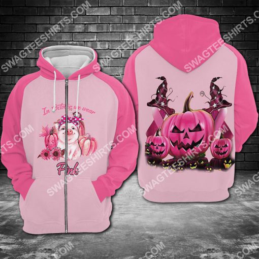 breast cancer awareness pig in october we wear pink halloween all over printed zip hoodie 1