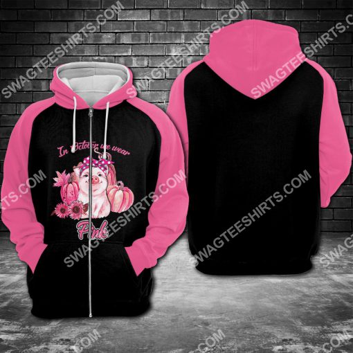 breast cancer awareness piggy in october we wear pink all over printed zip hoodie 1