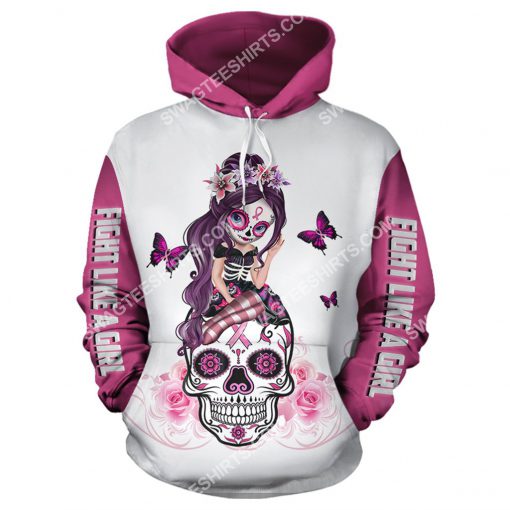 breast cancer awareness sugar skull fairy figurine fight like a girl all over printed hoodie 1