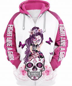 breast cancer awareness sugar skull fairy figurine fight like a girl all over printed zip hoodie 1