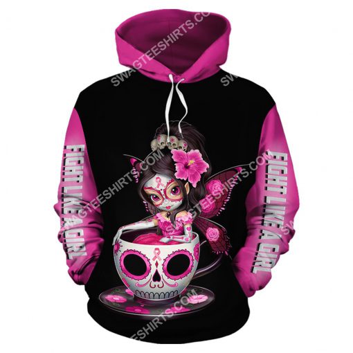 breast cancer awareness tea cup sugar skull fairy figurine all over printed hoodie 1