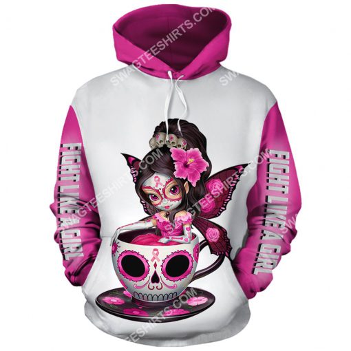 breast cancer awareness tea cup sugar skull fairy figurine fight like a girl all over printed hoodie 1