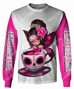 breast cancer awareness tea cup sugar skull fairy figurine fight like a girl all over printed sweatshirt 1