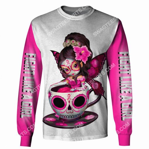 breast cancer awareness tea cup sugar skull fairy figurine fight like a girl all over printed sweatshirt 1