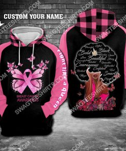 custom name breast cancer awareness fight like a queen all over printed hoodie 1
