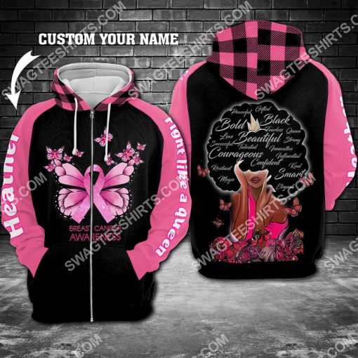 custom name breast cancer awareness fight like a queen all over printed zip hoodie 1