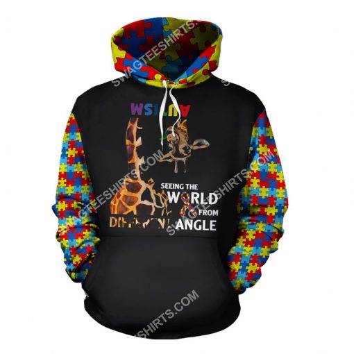 giraffe seeing the world from a different angle autism awareness all over printed hoodie 1