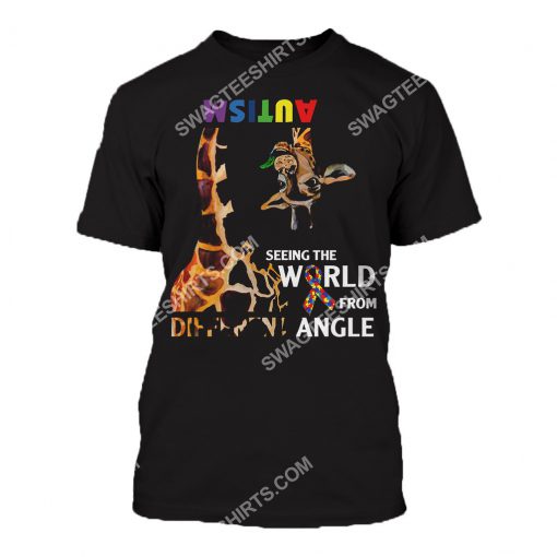 giraffe seeing the world from a different angle autism awareness all over printed tshirt 1