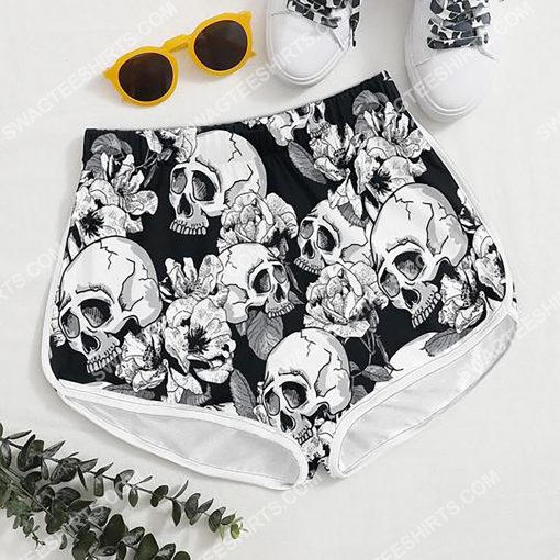 skull and flower all over printed women's board shorts 4(1)