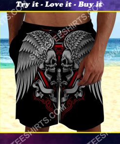 skull and wings all over printed beach shorts
