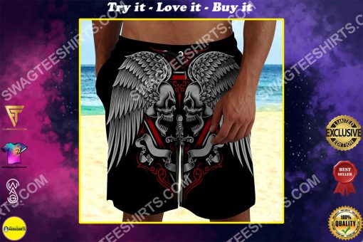 skull and wings all over printed beach shorts