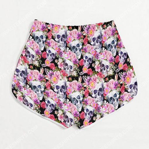 skull with flowers all over printed women's board shorts 3(1)