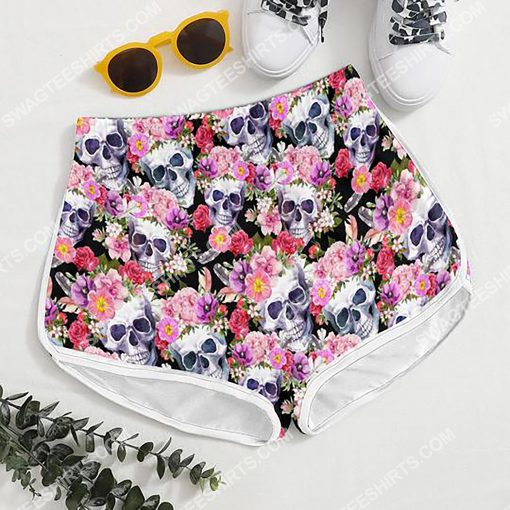 skull with flowers all over printed women's board shorts 4(1)