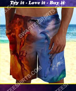 the dragon red and blue all over printed beach shorts