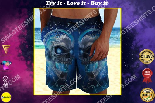 the skull with blue eyes all over printed beach shorts