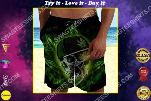 the skull with weed leaf all over printed beach shorts
