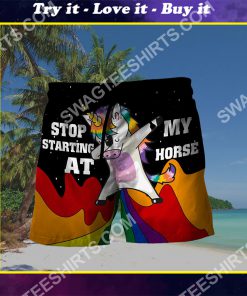 unicorn stop staring at my horse all over printed hawaiian shorts