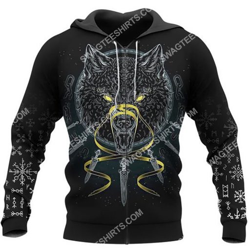 viking odin and wolf all over printed zip hoodie 1