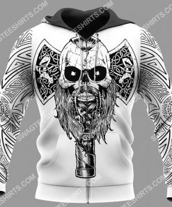 viking skull warrior and hammer all over printed zip hoodie 1