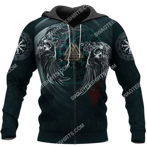 viking symbol raven valknut all over printed zip hoodie 1