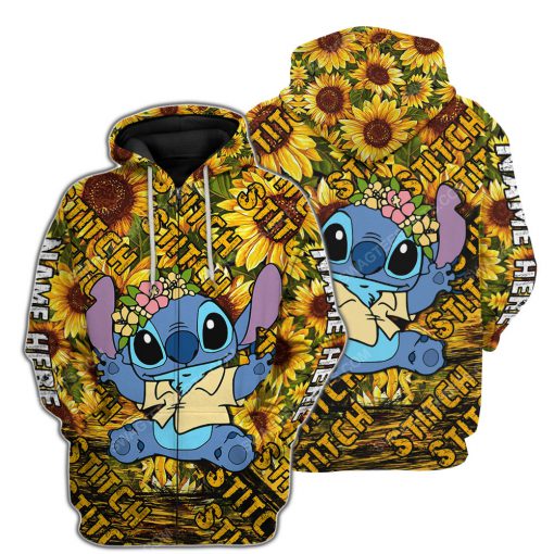 Custom name sunflower and stitch disney cartoon zip hoodie 1