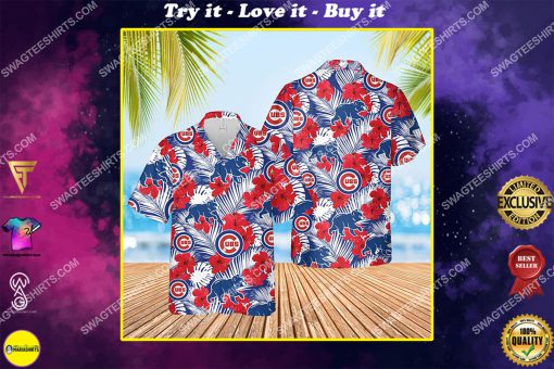 chicago cubs and hibiscus flower all over print hawaiian shirt