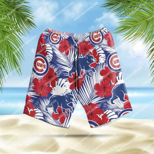 chicago cubs and hibiscus flower all over print hawaiian shorts 1