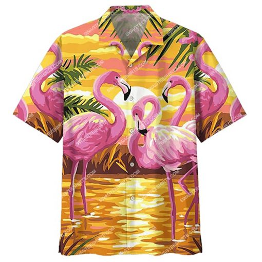 sunset on the beach and flamingo all over print hawaiian shirt 2(1)