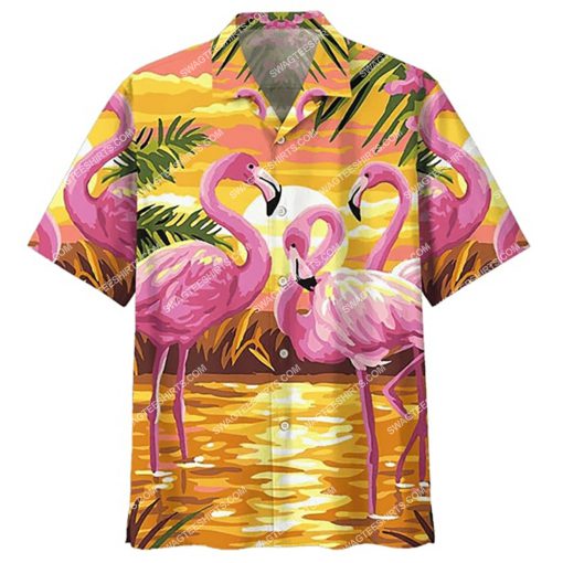 sunset on the beach and flamingo all over print hawaiian shirt 3(1)