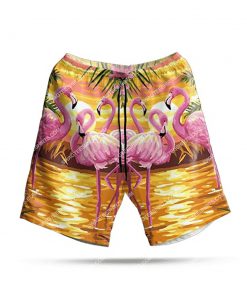 sunset on the beach and flamingo all over print shorts 1