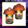 sunset on the beach and motorcycles all over print hawaiian shirt