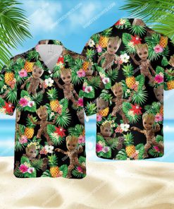tropical floral baby groot all over print hawaiian shirt 1