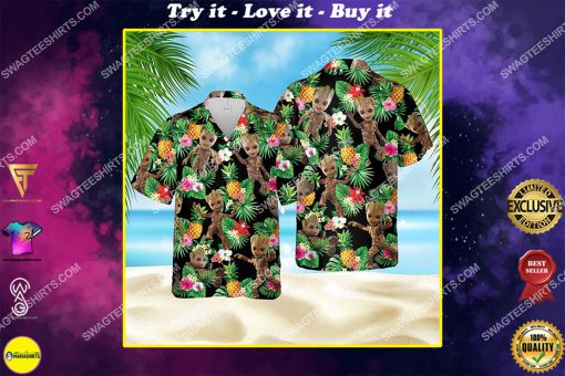 tropical floral baby groot all over print hawaiian shirt