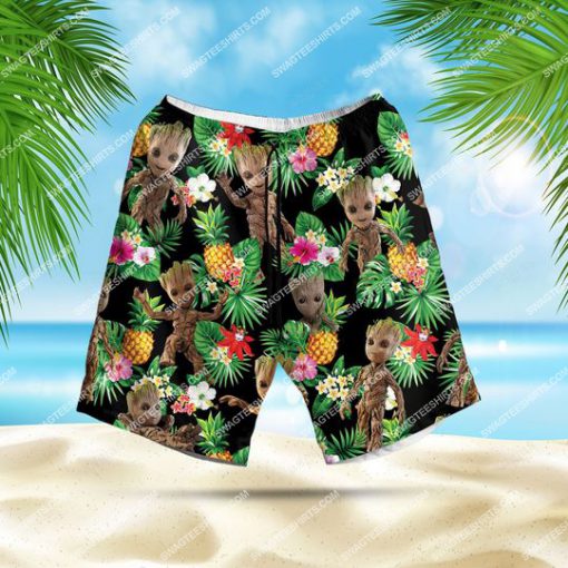 tropical floral baby groot all over print hawaiian shorts 1