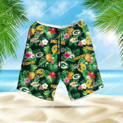 tropical floral green bay packers football all over print hawaiian shorts 1