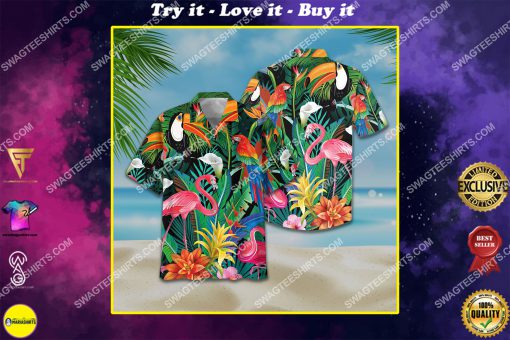 tropical parrot and flamingo all over print hawaiian shirt