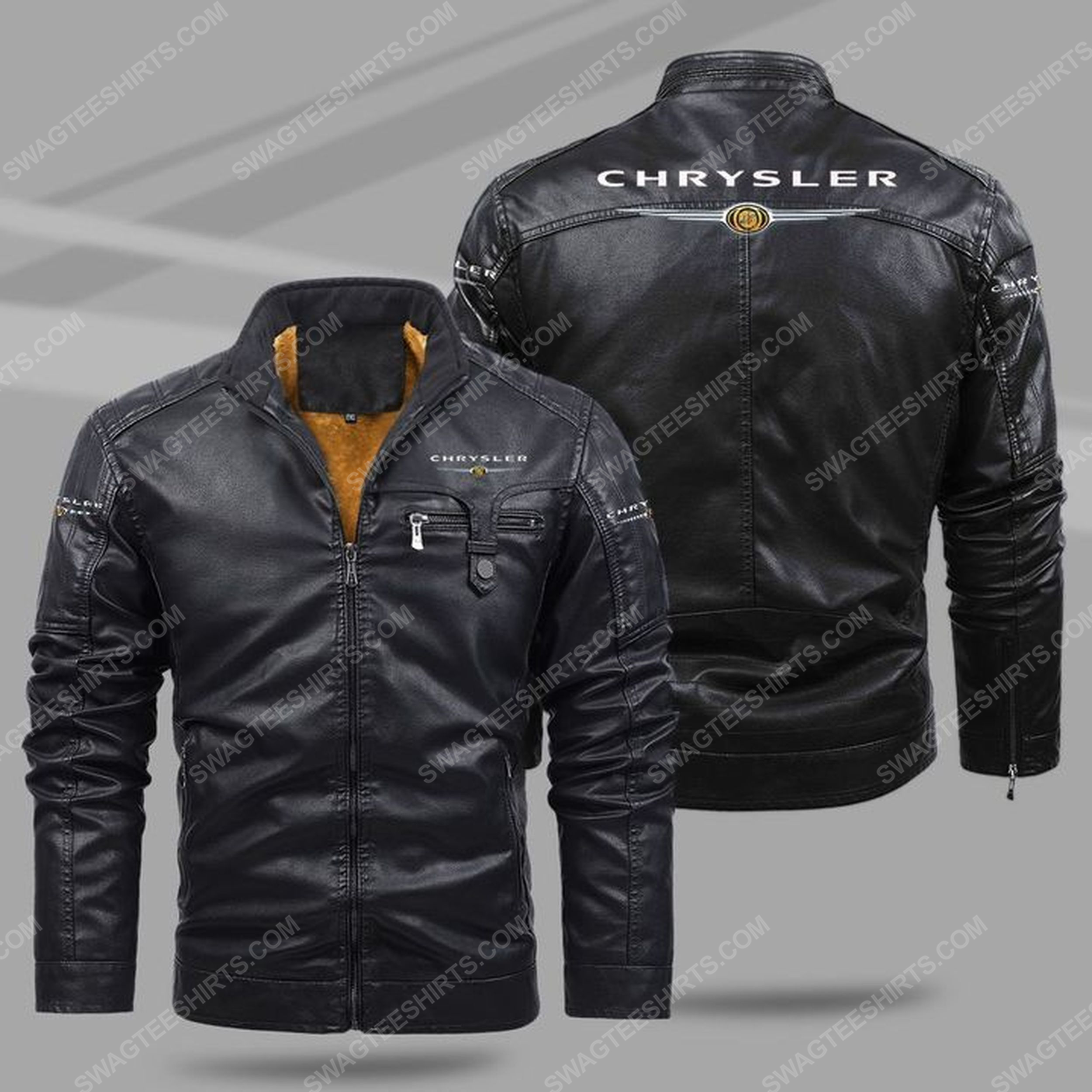 Chrysler car all over print fleece leather jacket - black 1 - Copy