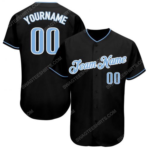 Custom team name black light blue-white full printed baseball jersey 1