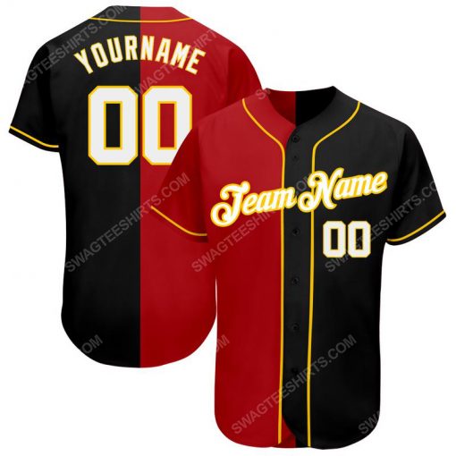 Custom team name black white-red strip gold baseball jersey 1