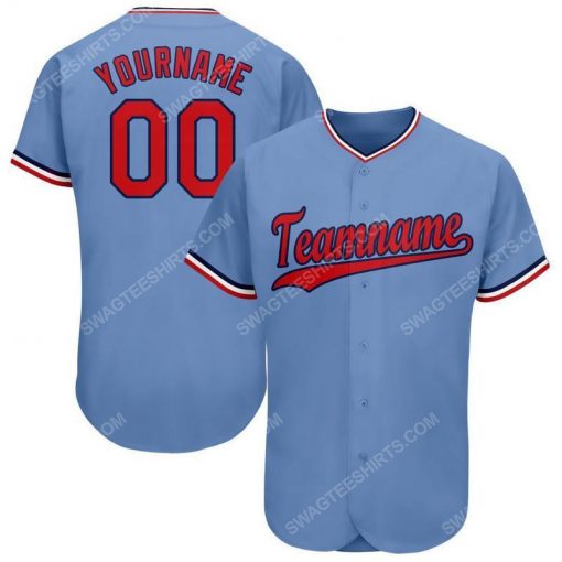 Custom team name light blue red-navy full printed baseball jersey 1