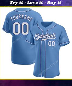 Custom team name light blue strip white-royal full printed baseball jersey