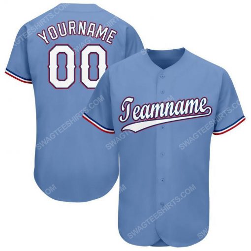 Custom team name light blue white-red full printed baseball jersey 1